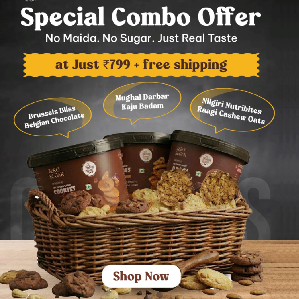 3 packs at ₹799 (Chocolate Chips + Kaju Badam + Raagi Cashew Oats Cookies)